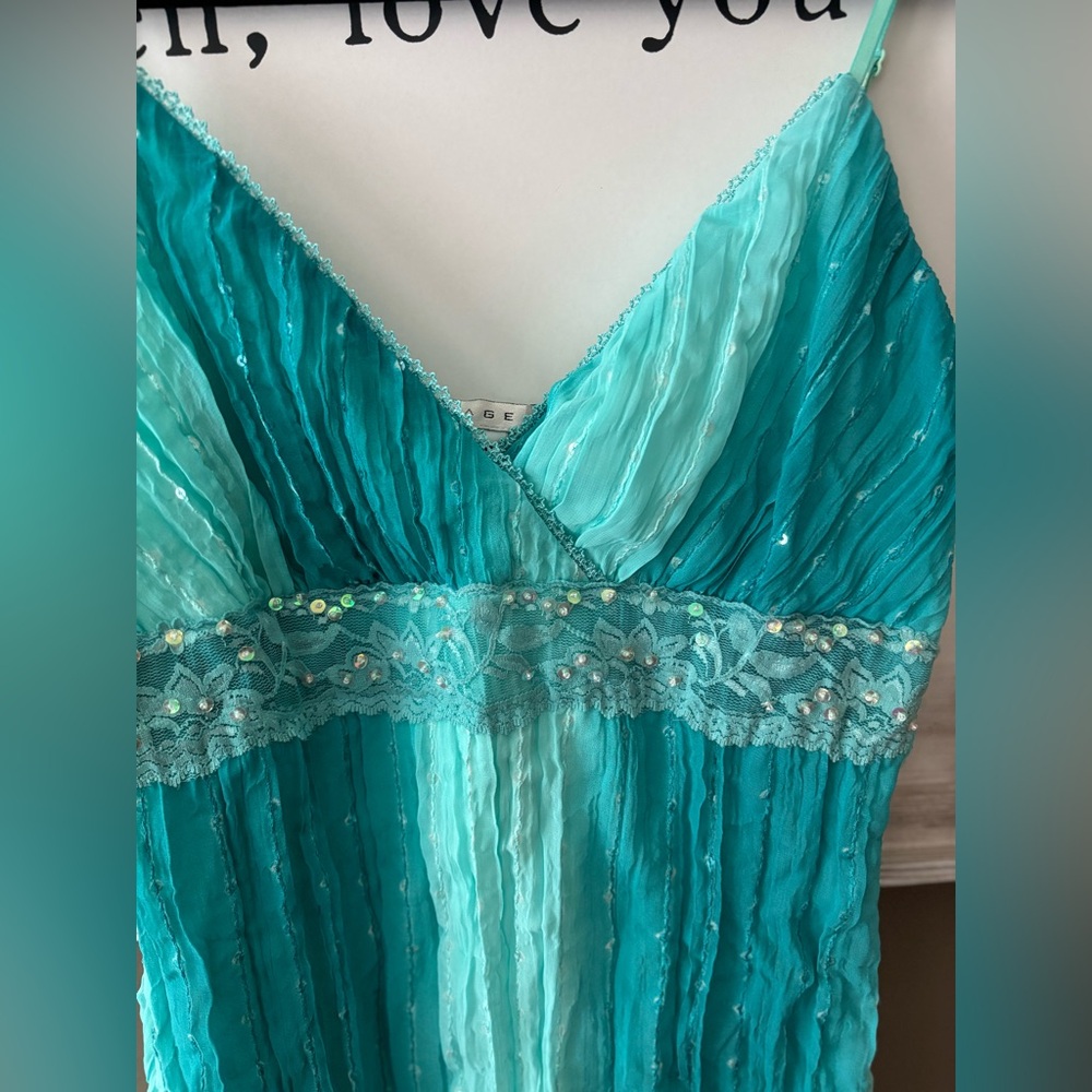 Chiffon Turquoise Gradient Camisole. Empire lace band and delicate beading. NWOT